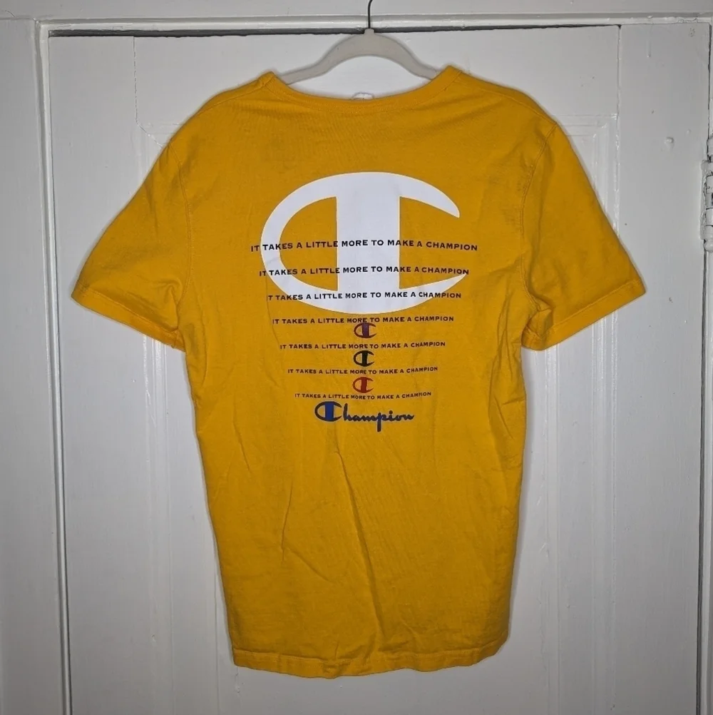 Champion Shirt Mens Medium Yellow Spellout Script Logo Gym Cotton Casual - Picture 4 of 6